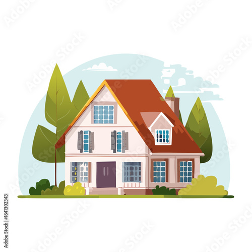 Cartoon house with red roof, windows, trees, and bushes. Illustration of a home in a leafy landscape.  Real estate in a scenic neighborhood.