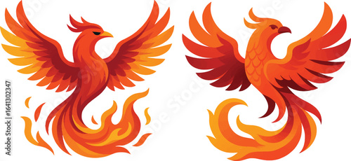 Fiery Phoenix Bird Pair:  Vector Illustration,  Mythical Creature,  Rebirth Symbol,  Orange and Red Flames,  Modern Design.