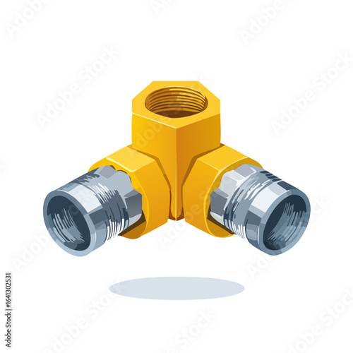 Isometric Illustration of a Three-Way Pipe Fitting. Mechanical Component for Plumbing Systems in Gold and Silver Metal Finish.