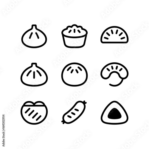 Asian Cuisine Black and White Icon Set Delicious Dumplings and Variety of Traditional Treats Featuring Bao and Other Delights