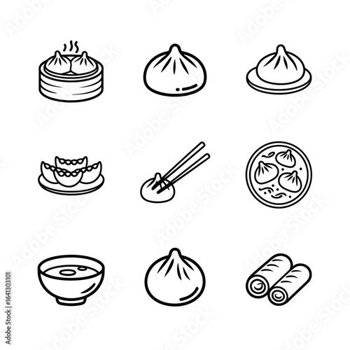 Dim Sum Icons Set Featuring Steamed Dumplings Soup and Spring Rolls for Restaurant Menus and Culinary Designs