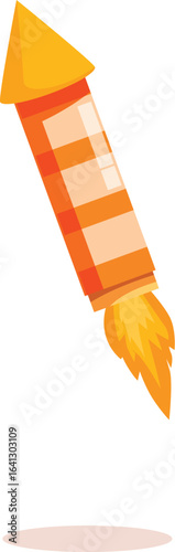 Cartoon firework rocket flying, propelled by flames, celebrating a special occasion with pyrotechnics