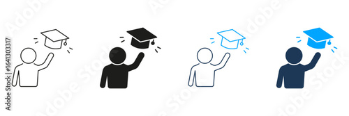Graduate Throwing Cap Line And Solid Icon Set. Academic Achievement And Celebration Symbol Collection. Education Success And Graduation Ceremony. Isolated Vector Illustration