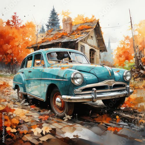 Watercolor vintage car in the village. AI generative.