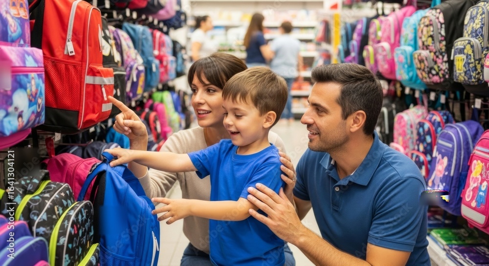 Obraz premium Family Choosing School Backpacks Finding the Perfect Bag for a Young Student Before the First Day of School in a Bright Store
