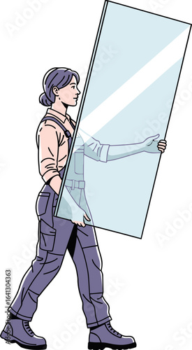 A woman carries a large pane of glass with both hands.