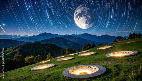 Mountain landscape, night sky, circles