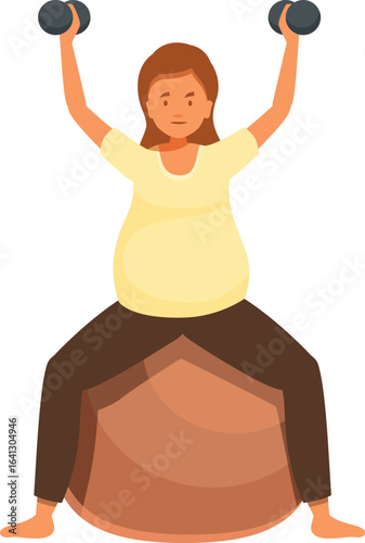 Pregnant woman practicing physical activity, lifting weights while sitting on fitness ball, promoting healthy lifestyle during pregnancy
