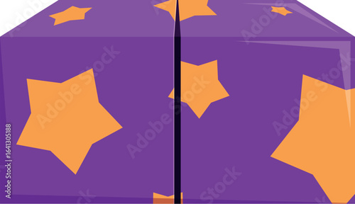 Purple gift box with orange stars is opening, revealing a surprise inside