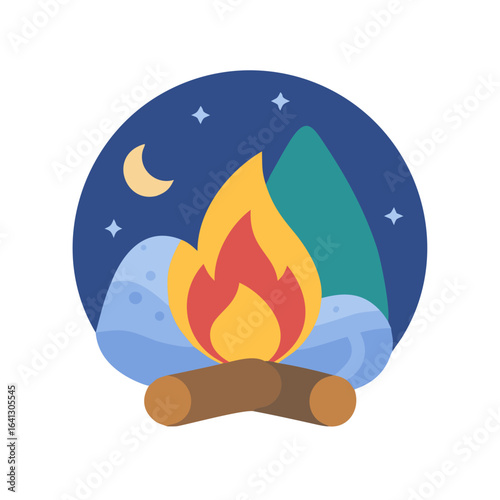 Campfire illustration with mountains and night sky background  
