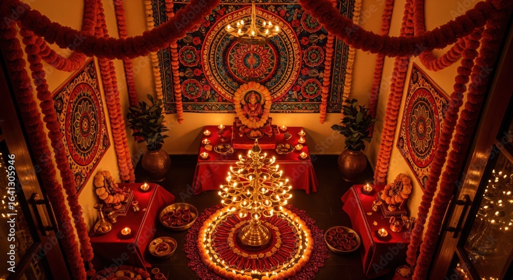 Fototapeta premium Beautiful Diwali celebration setup. A room adorned with traditional Indian decorations, including diyas, marigold flowers, and a Lakshmi puja altar.