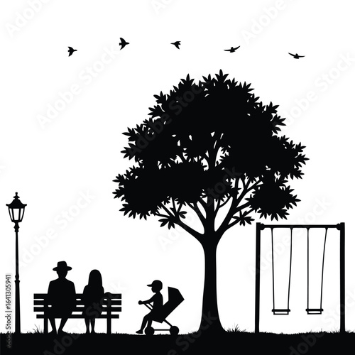 Silhouette of people in park with tree swings and stroller