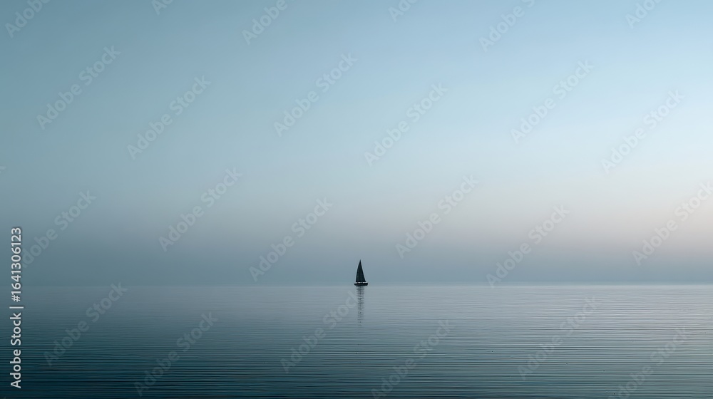 Fototapeta premium Sailboat sailing on calm sea at dusk, with hazy horizon. Sea travel background
