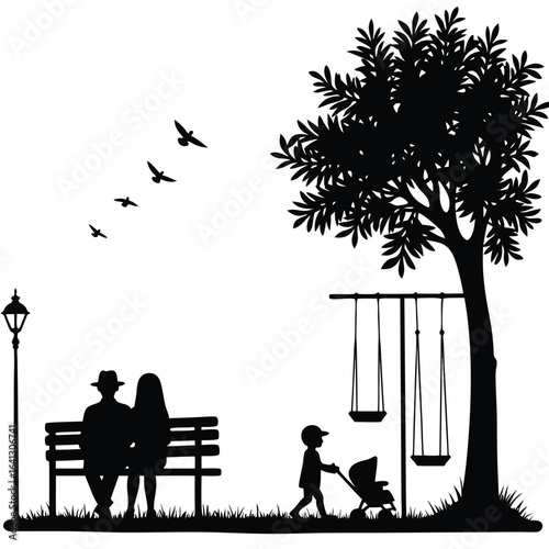 Couple on bench with child and stroller under tree with swings