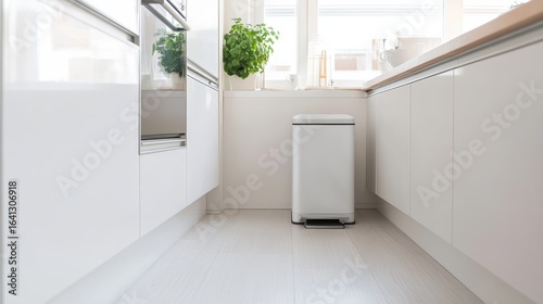 A modern kitchen with clean lines, featuring white cabinetry, a small green plant, and a sleek trash can, emphasizing minimalism and organization.