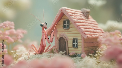 Pink Praying Mantis and Tiny House