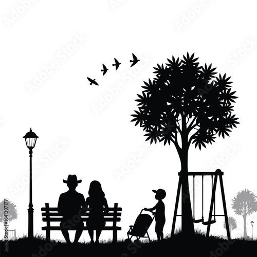 Family enjoying park with swings and stroller silhouette 10