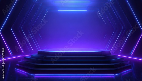 Neon-lit hexagonal platform in a futuristic space