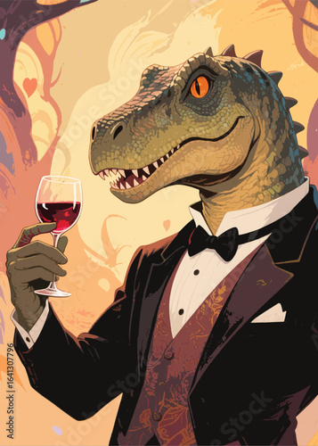 dinosaur in formal attire with wine glass Illustrator Artwork design template poster