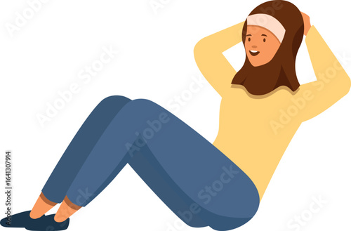Young muslim woman performing sit ups, promoting healthy lifestyle and fitness