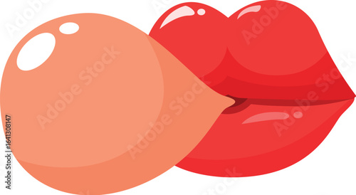 Cartoon illustration of red lips blowing a big pink bubble gum