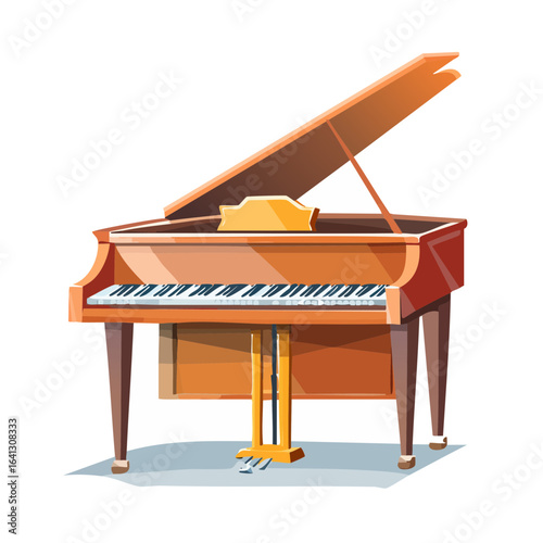 Elegant grand piano illustration. Musical instrument with keys, pedals, and open lid. Woodgrain texture and cartoon style design for entertainment.