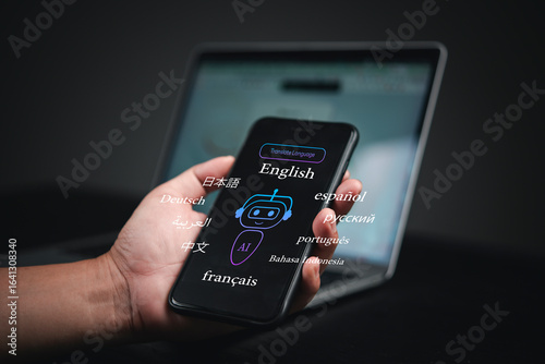 Wallpaper Mural Smartphone AI translation app for global communication. A person holds a digital device displaying various languages, digital transformation, and the technology of machine learning Torontodigital.ca