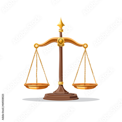 Scales of justice, balance, fairness, legality in golden and brown cartoon illustration