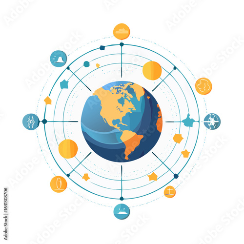 Global Impact Illustration with Icons around Earth Globe in a Circular Diagram