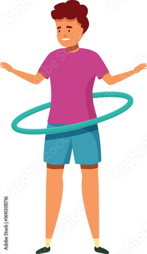Young man rotating hula hoop around waist, exercising outdoors for fun and fitness