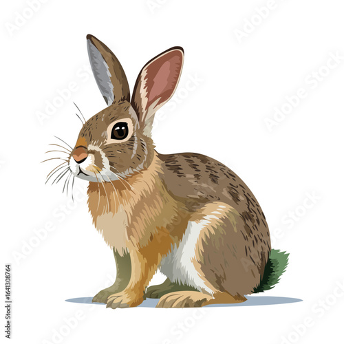 Cute brown rabbit sitting, vector illustration of a wild animal with fluffy fur and long ears isolated on black