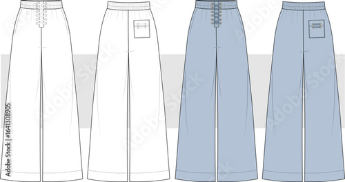Women's Baggy pants high elastic waist tie-up detail. Palazzo pants  fashion technical drawing, illustration. Front and back view, vector. Cad, Mockup set.