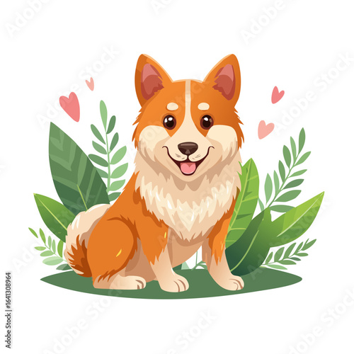 Cartoon corgi dog sitting with plants and hearts on black background