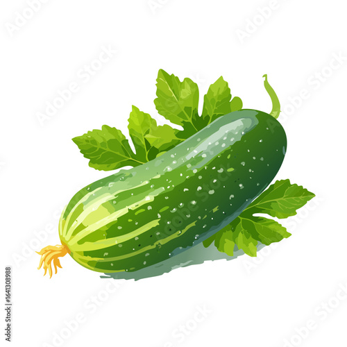 Fresh green cucumber with leaves on black background, watercolor style healthy vegetable illustration.