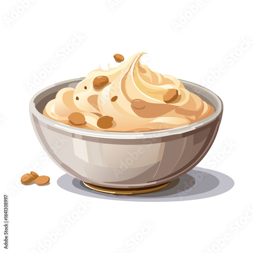Bowl of creamy dessert topped with nuts, cartoon illustration for dessert menus and food designs.