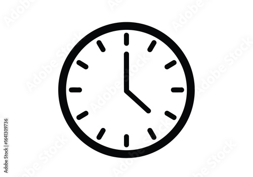 Vector illustration of photo of simple black and white analog clock face with hands indicating the time, isolated on white background