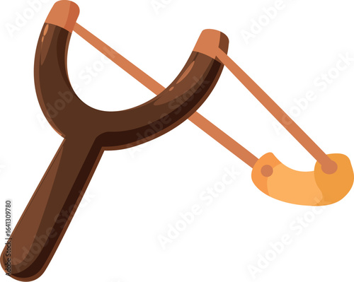Cartoon slingshot made of wood holding a rock, ready to be launched