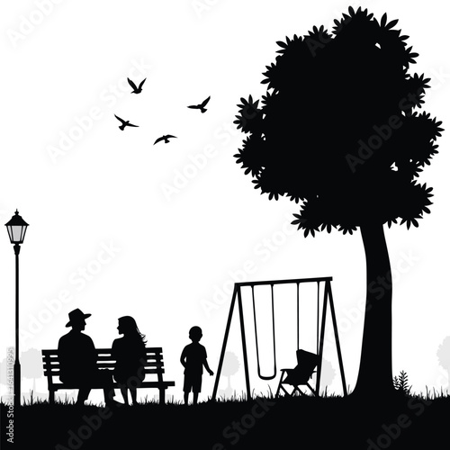Family enjoying park with swings and lamppost silhouette