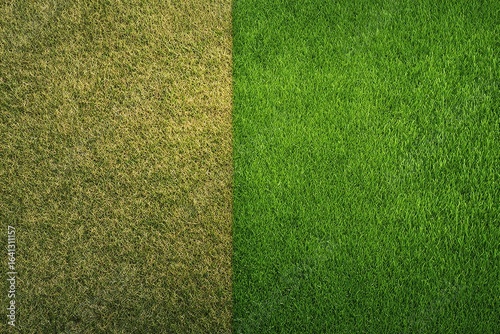 Comparison of lush green grass against dry and patchy grass texture.