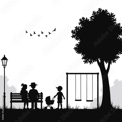 Family enjoying park with swings and stroller silhouette 8