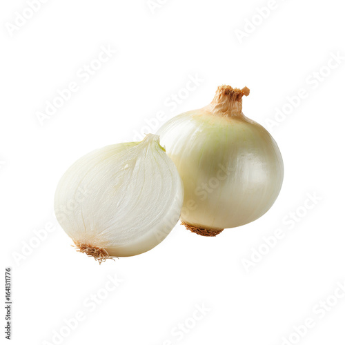 Fresh White Onions, One Whole and One Halved, Isolated on Black Background