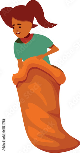 Girl having fun participating in a sack race, a popular activity at summer camps and outdoor events