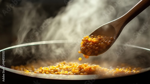 A close-up of yellow lentils being stirred with a wooden spoon, emitting steam in a pot, indicating cooking and warmth.