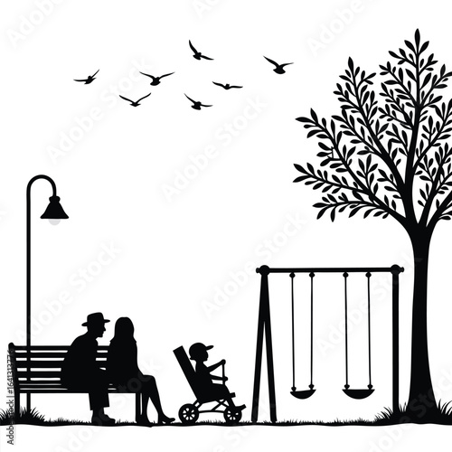 Family silhouette on park bench with swings and birds