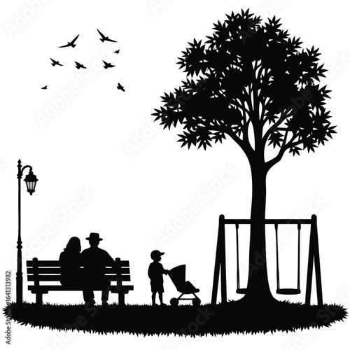 Family enjoying park with swings and stroller silhouette 5