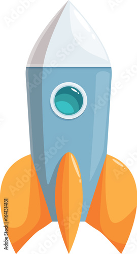 Cartoon rocket ship flying through space, representing space exploration, innovation and new technologies