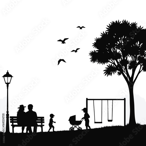 Family enjoying park with swings and stroller silhouette 3