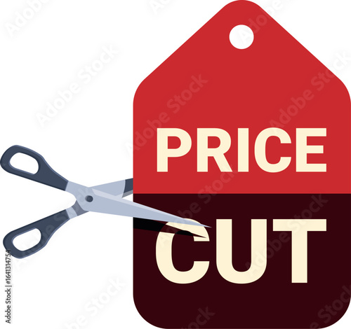 Scissors cutting a price cut sign, representing a discount offer, sale, or cost reduction