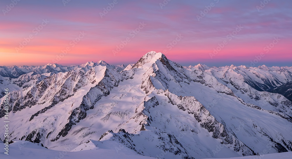 Fototapeta premium Majestic snow-covered mountain peak illuminated by a beautiful pink and purple sunrise alpenglow. A serene alpine landscape.