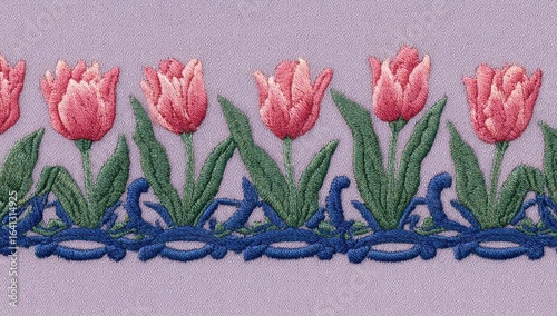 Pink tulips floral border, embroidered textile design, lavender background, craft project